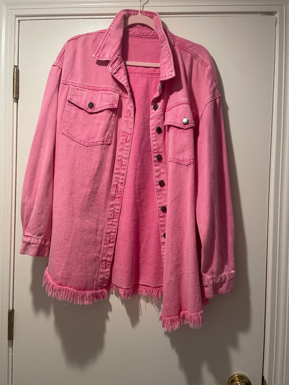 Pink Women's Denim Jacket with Frayed Hem Gunmetal Button Down
